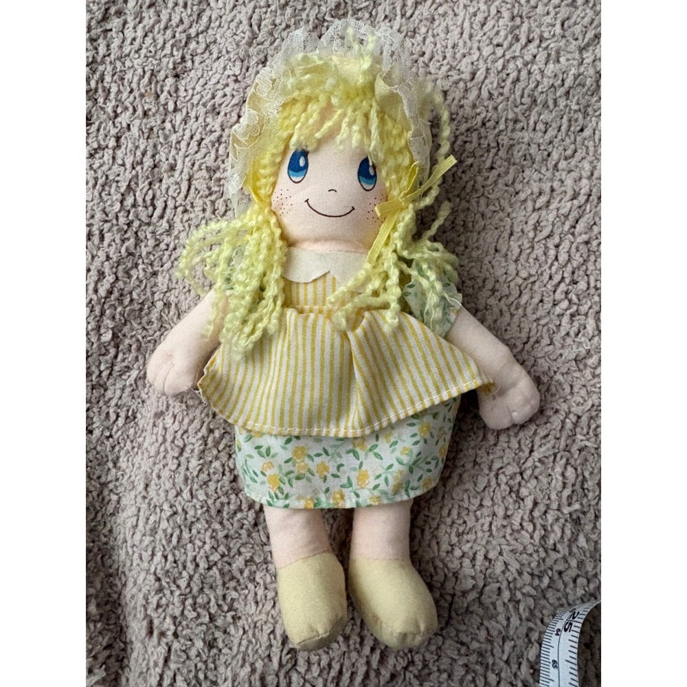 Kids of America Corp Rag Doll Yellow Yarn Hair Floral Dress Lace Bonnet 8.5 inch